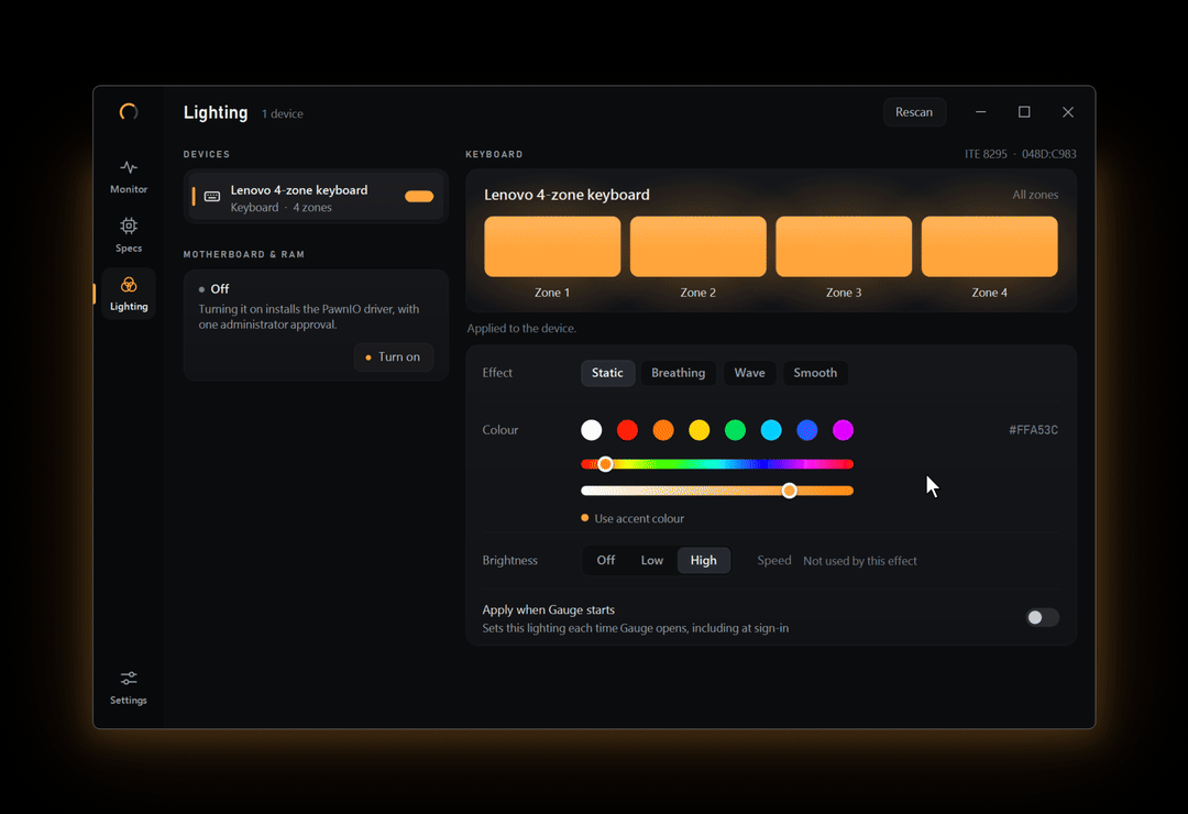 Gauge's Lighting page: the Lenovo 4-zone keyboard set to magenta, then cyan, then the Breathing and Wave effects, then back to the accent colour, with the zone preview following each change.