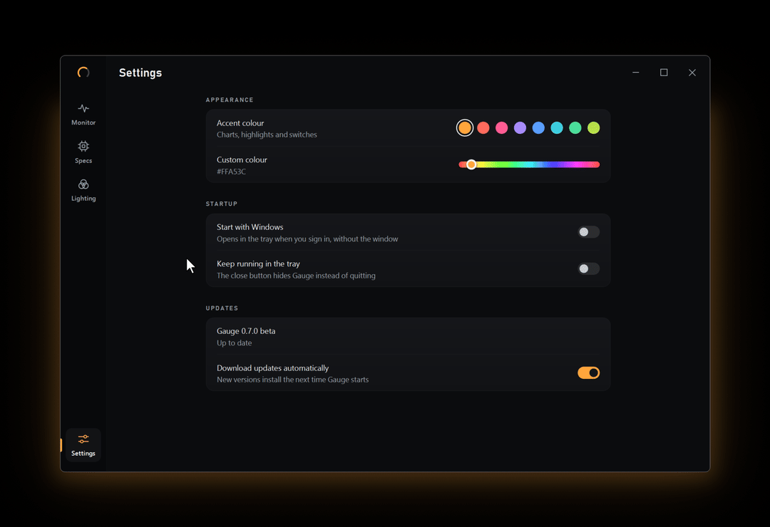 Gauge's Settings page: switching between accent colours, which recolour the charts, highlights and switches, and turning the start-up and tray options on and off.