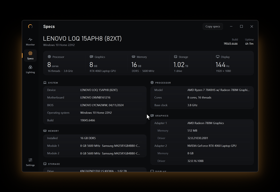 Gauge's Specs page: scrolling through the device summary, key figures and grouped hardware details, then Copy specs.
